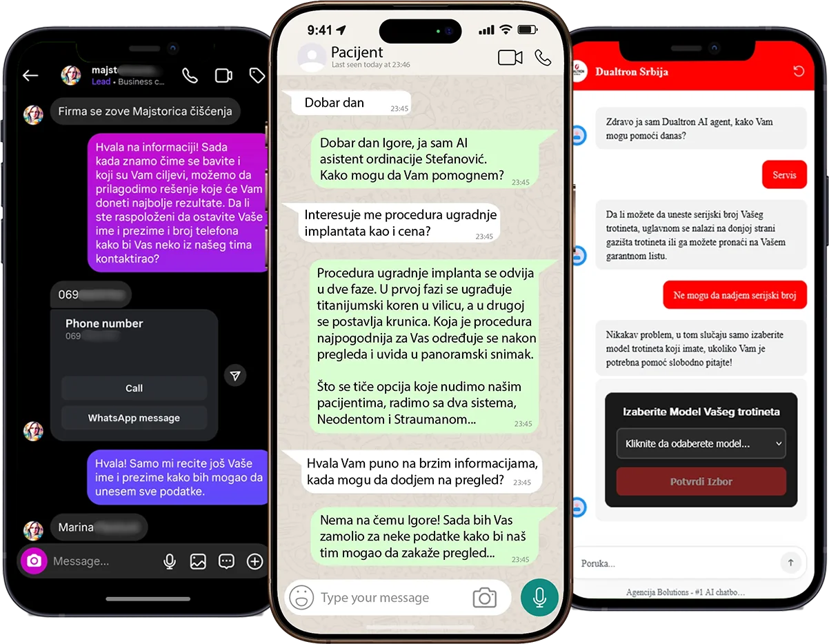 AI chatbot conversations on three channels: website chat, WhatsApp and Instagram messages