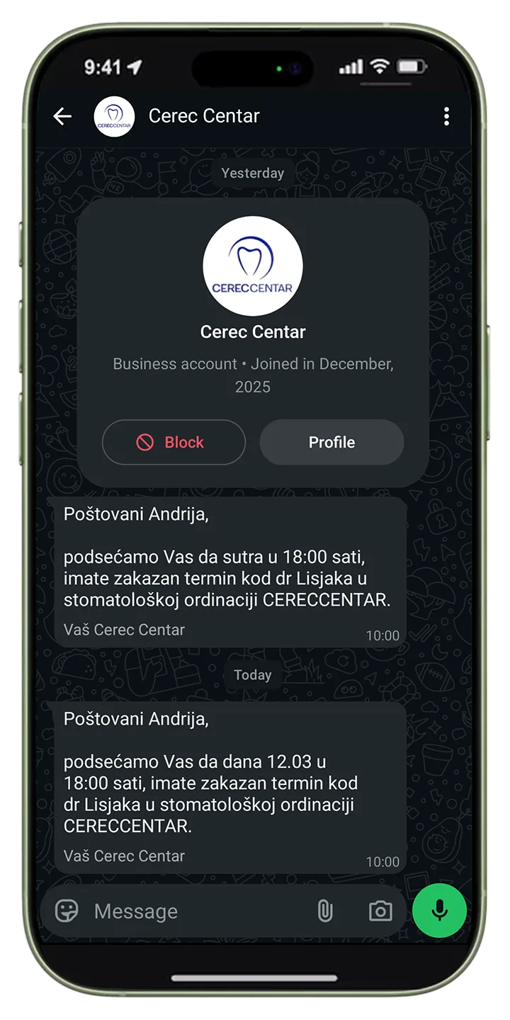 Automatski WhatsApp podsetnici pacijentima stomatološke ordinacije Cerec Centar