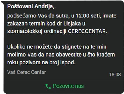 Automatska WhatsApp podsetnik poruka pacijentu o zakazanom terminu kod stomatologa