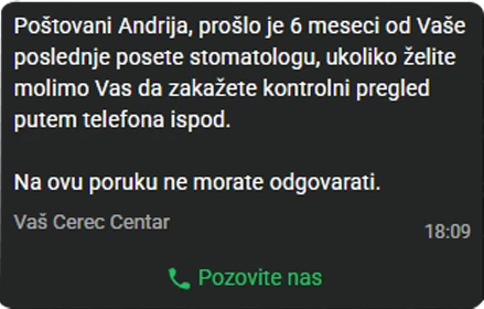 Automatska WhatsApp poruka pacijentu za kontrolni pregled posle 6 meseci