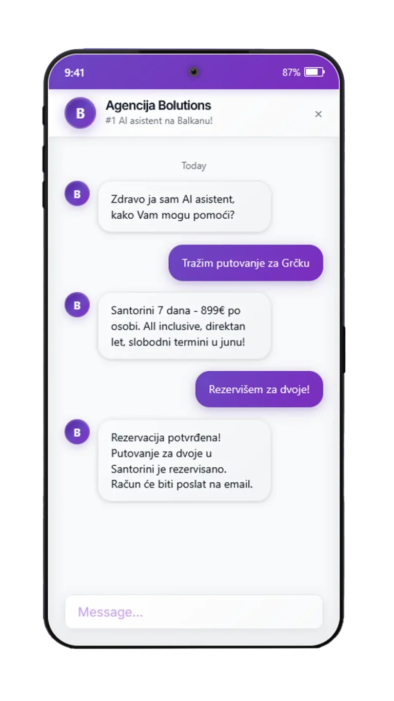 AI chatbot demo razgovor na telefonu - Bolutions AI chatbot agencija u Srbiji