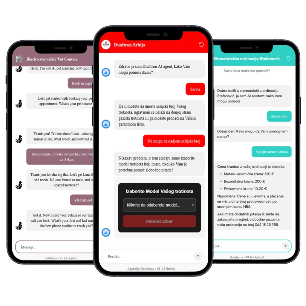 Tri mobilna telefona prikazuju različite AI chatbot za sajt interfejse koje je kreirao Bolutions - levi pokazuje booking asistent za termine, srednji prikazuje Dualtron Srbija chatbot za električne skutere sa crvenim dizajnom, a desni pokazuje stomatološki chatbot za automatizaciju ordinacije, demonstrirajući versatilnost naših AI chatbot rešenja za različite industrije u Srbiji.