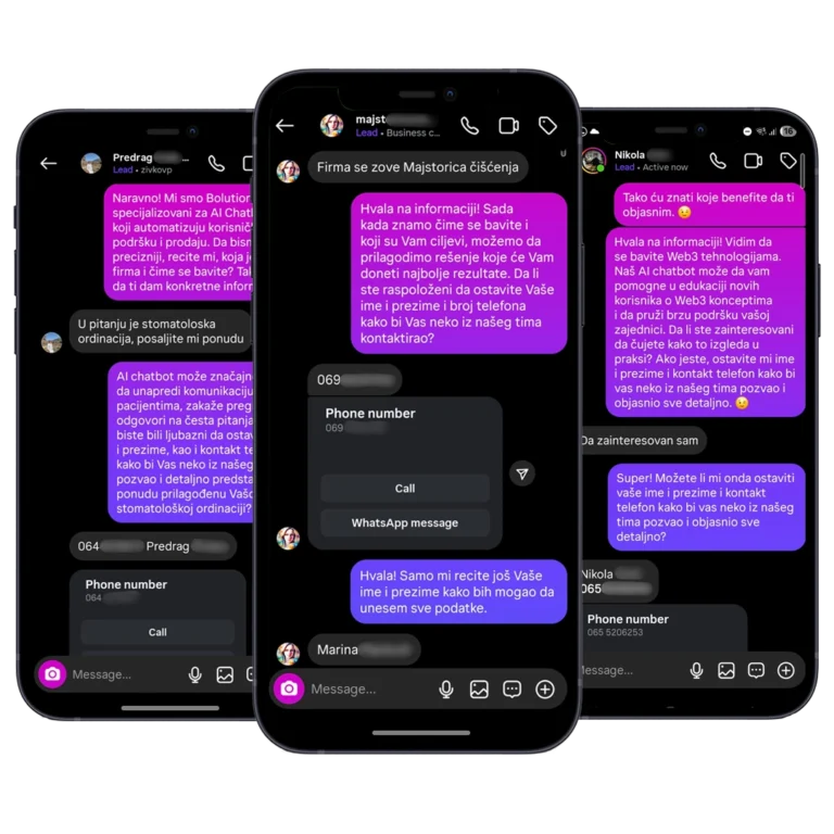 3 ekrana na kojima se prikazuje prava konverzacija izmedju instagram AI chatbota u Dm-u i čoveka. covek je zainteresovan i ostavlja svoj kontakt telefon kako bi ga prodajni tim kasnije kontaktirao