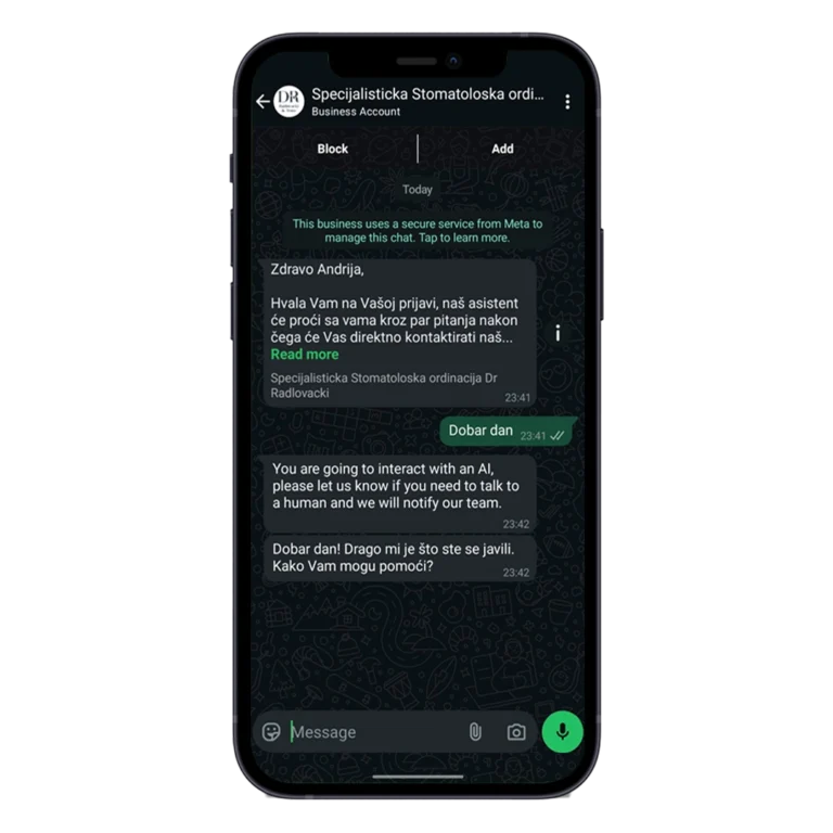 automatska whatsapp promociona poruka sa whatsapp business managera gde se prikazuje kako kupac dobija prvi poruku i ai chatbot odgovara i vodi punu konverzaciju na whatsappu