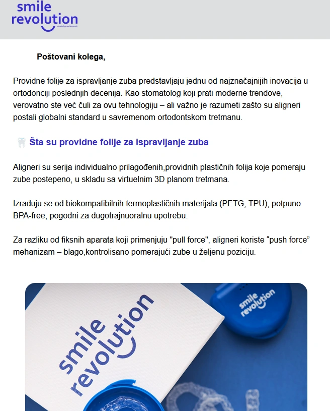 Email marketing kampanja za stomatološki brend Smile Revolution prikazuje profesionalni dizajn sa plavim brendom logotipom i ortodontskim alignerima, demonstrirajući kako Bolutions AI agencija kreira targetirane email kampanje za zdravstvene usluge u Srbiji koje kombinuju medicinsku ekspertizu sa naprednim digitalnim marketingom.