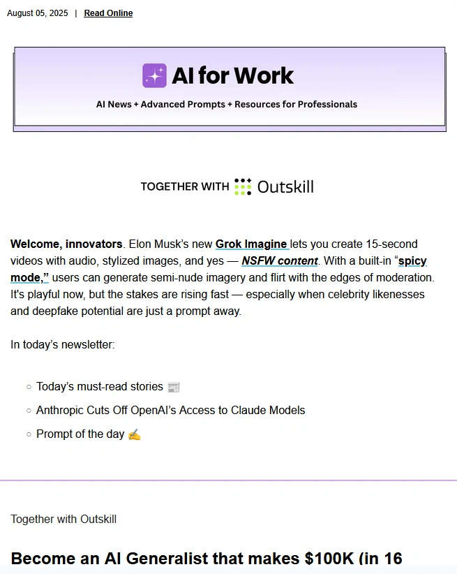 AI for Work newsletter screenshot prikazuje email marketing kampanju sa AI vezanim sadržajem i Outskill partnerstvom, demonstrirajući profesionalan dizajn email newslettera koji koristi ljubičastu i belu boju sa jasno strukturiranim sadržajem o AI vestima i resursima za profesionalce.